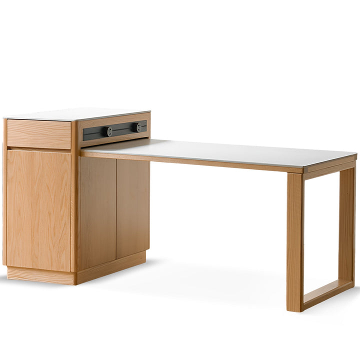 Wooden desk with a white top on a white background