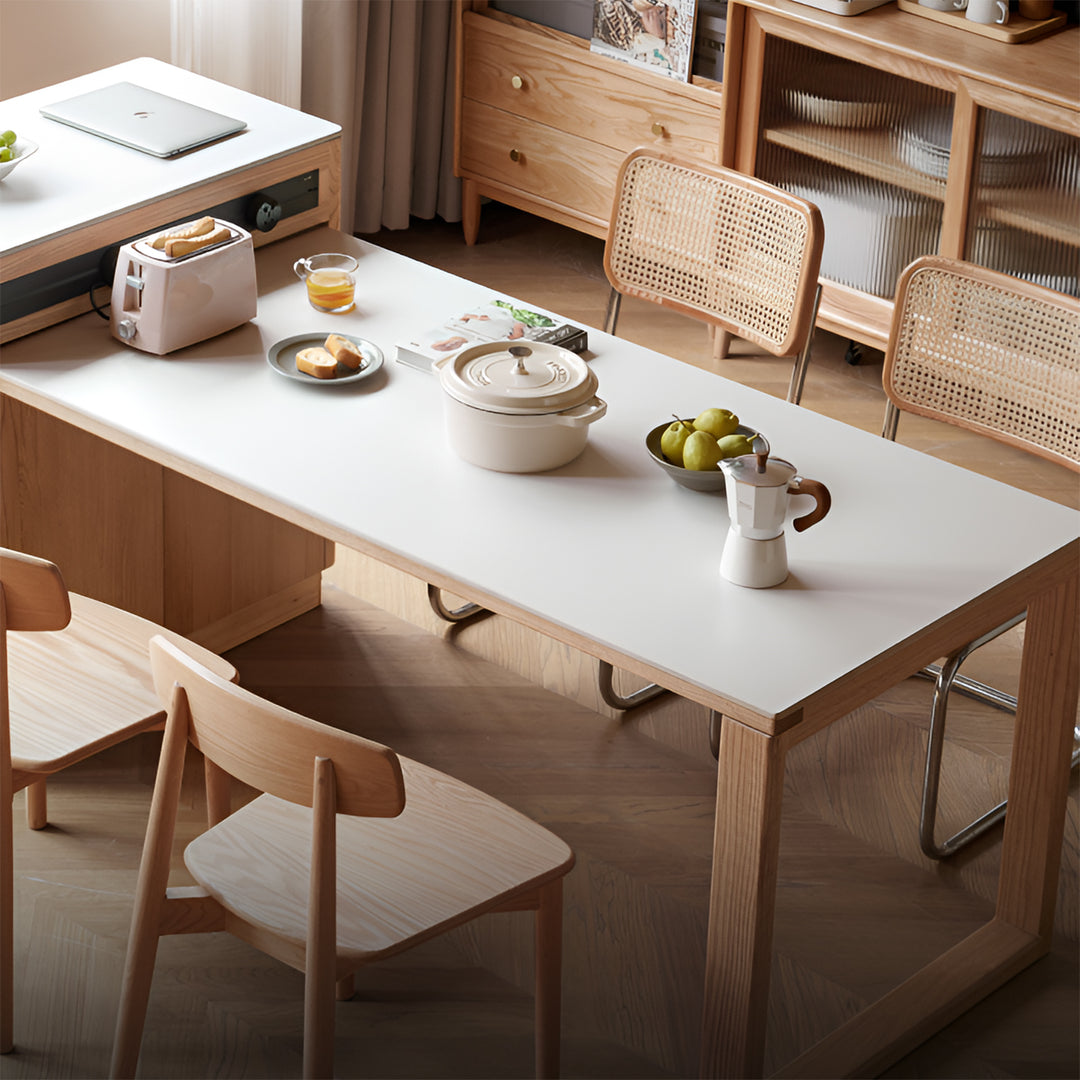 Scandinavian oak wood sintered stone extendable island dining table with cabinet flexa material variants.