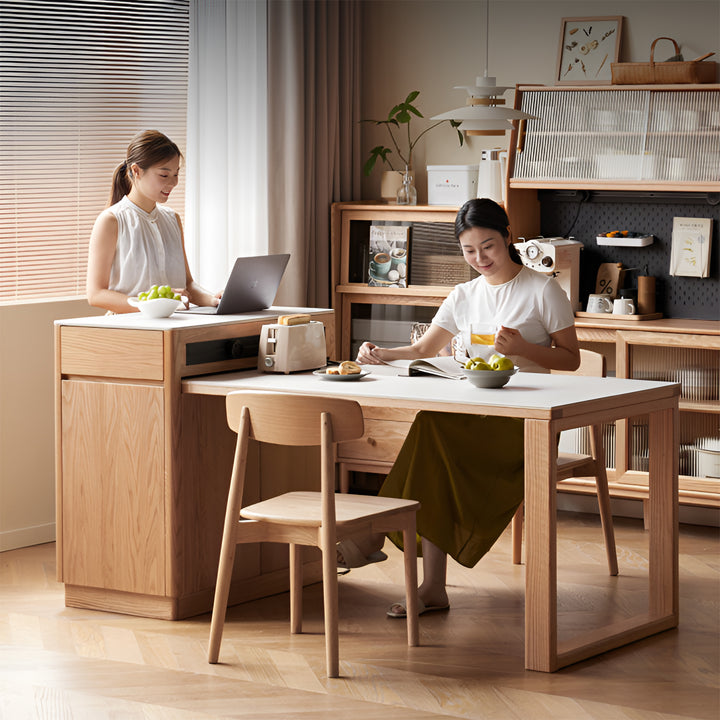 Scandinavian oak wood sintered stone extendable island dining table with cabinet flexa in real life style.