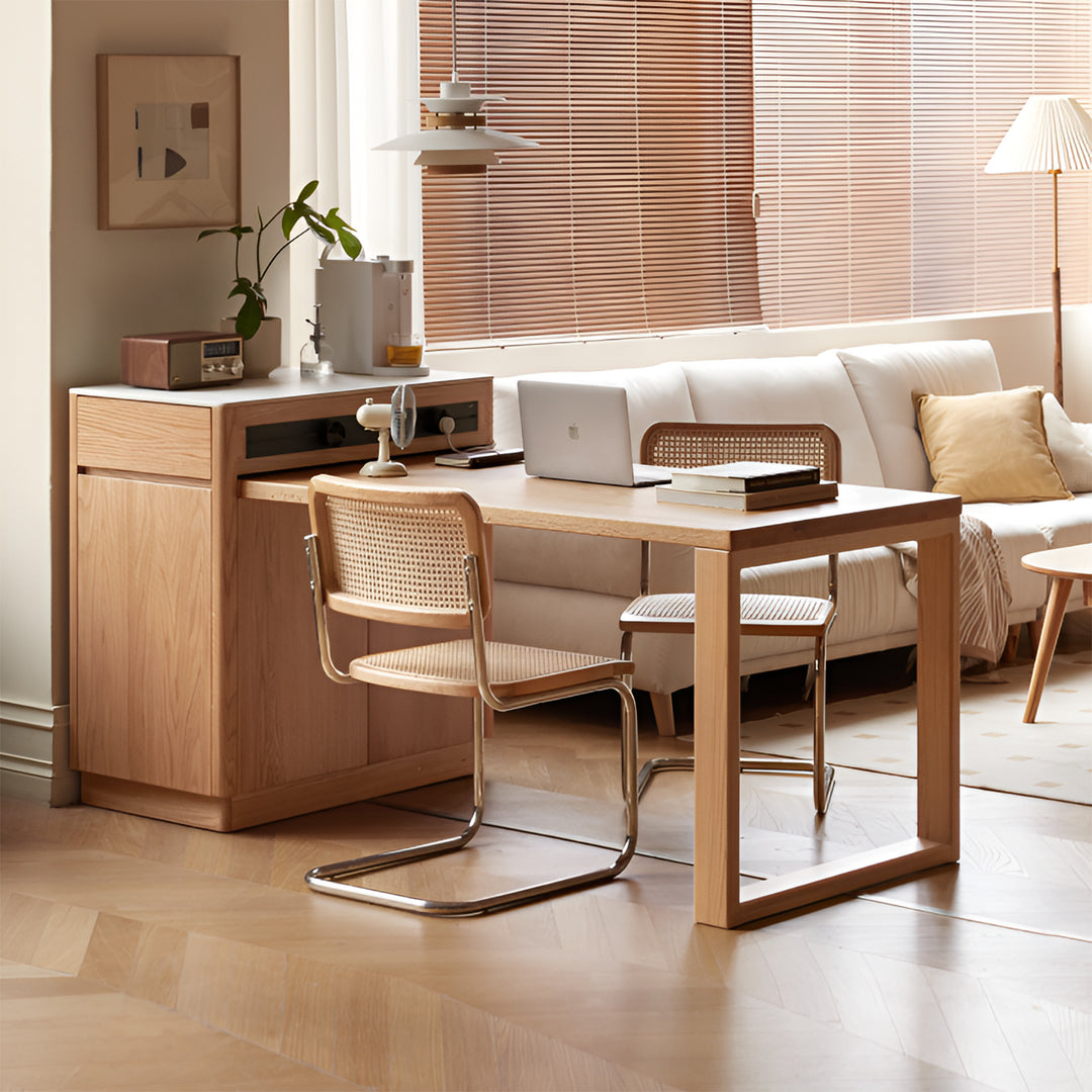 Scandinavian oak wood sintered stone extendable island dining table with cabinet flexa with context.