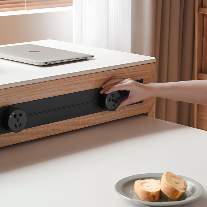 Scandinavian oak wood sintered stone extendable island dining table with cabinet flexa in panoramic view.