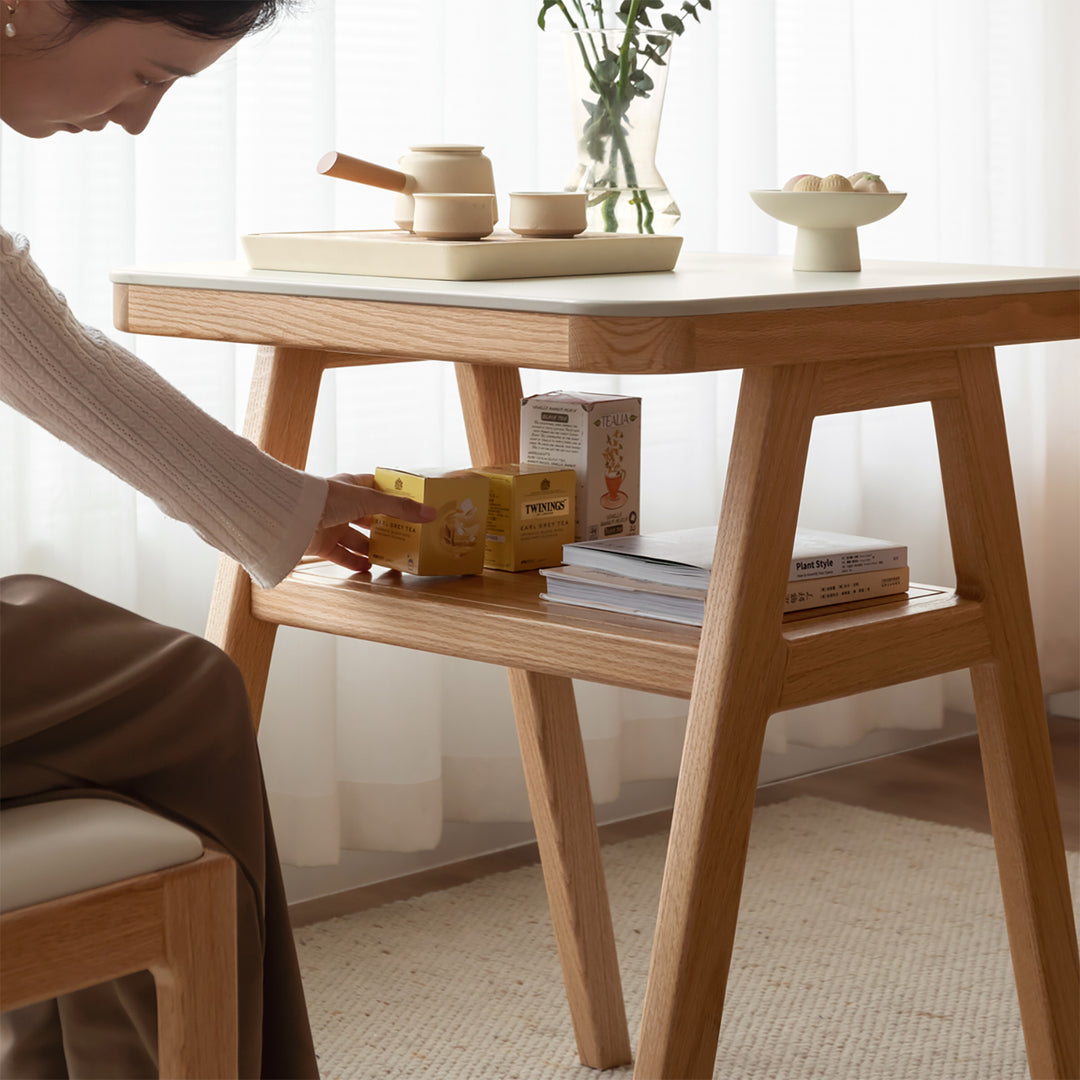 Scandinavian oak wood sintered stone stackable dining table set noki color swatches.