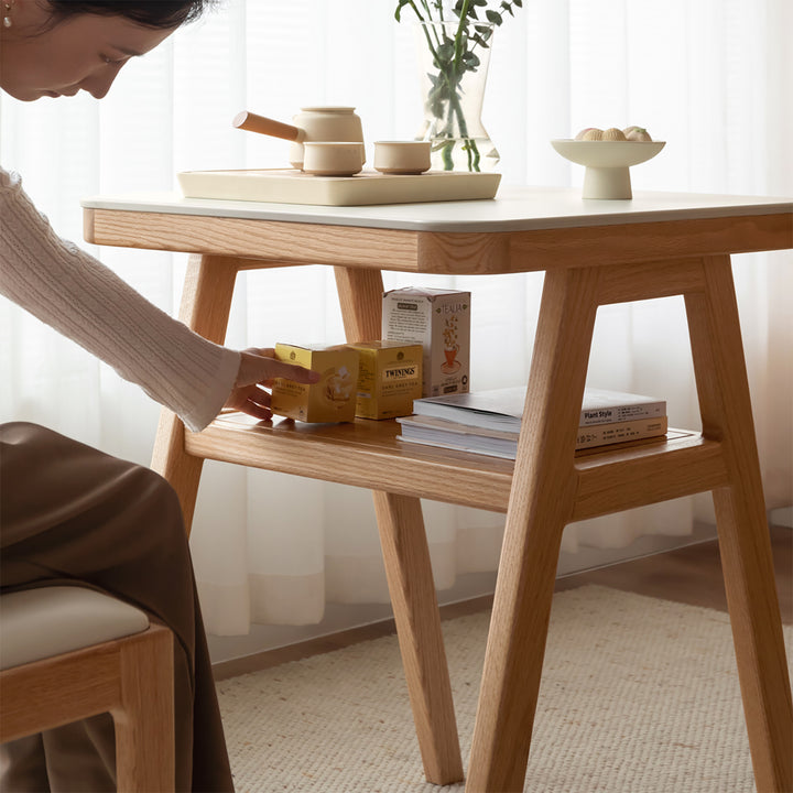 Scandinavian oak wood sintered stone stackable dining table set noki color swatches.