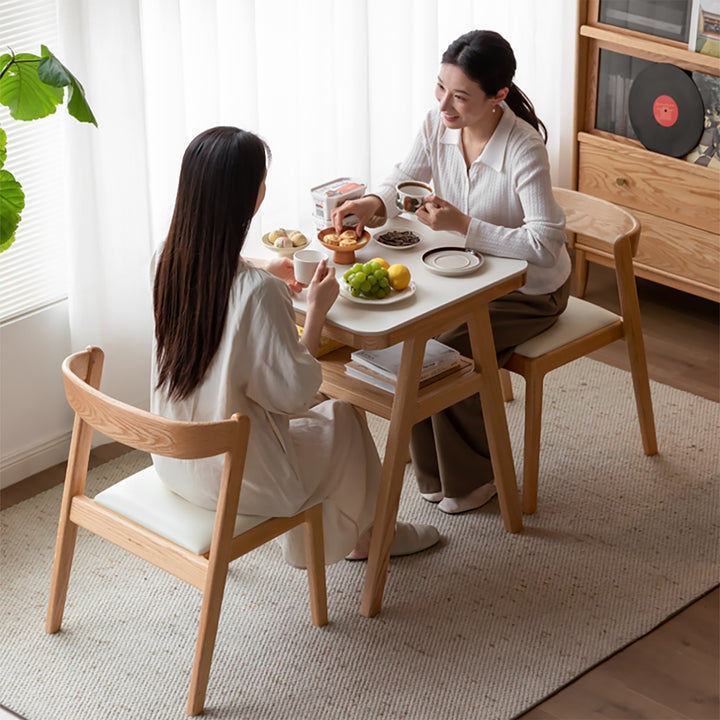 Scandinavian oak wood sintered stone stackable dining table set noki material variants.