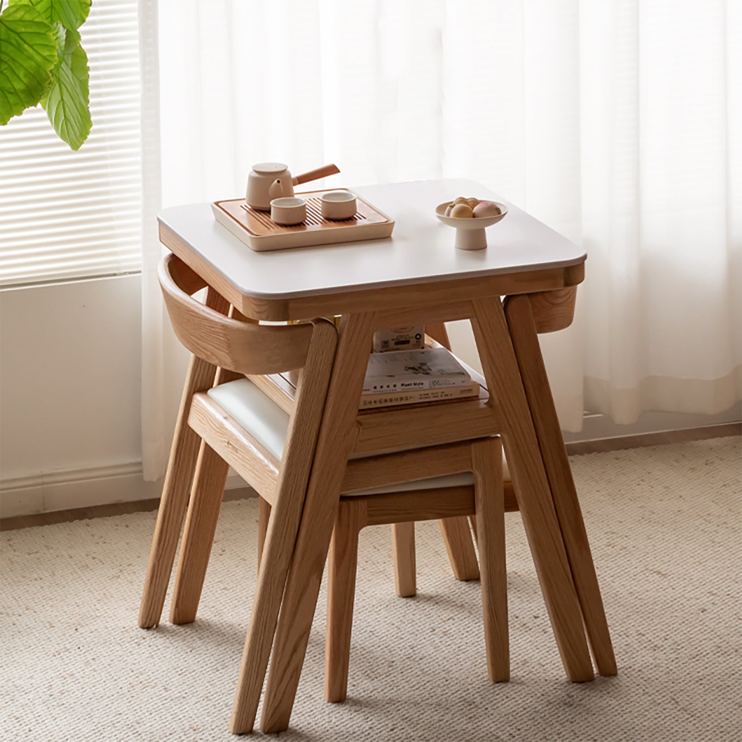 Stackable Table Set Scandinavian Oak Wood Sintered Stone Stackable Dining Table 3-IN-1 Set ...