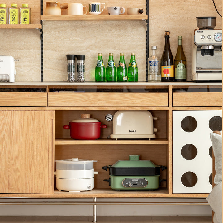 Scandinavian oak wood sintered stone storage side cabinet timeless conceptual design.