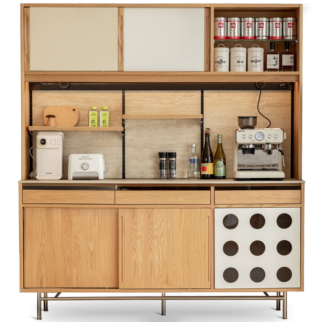 Scandinavian oak wood sintered stone storage side cabinet timeless layered structure.
