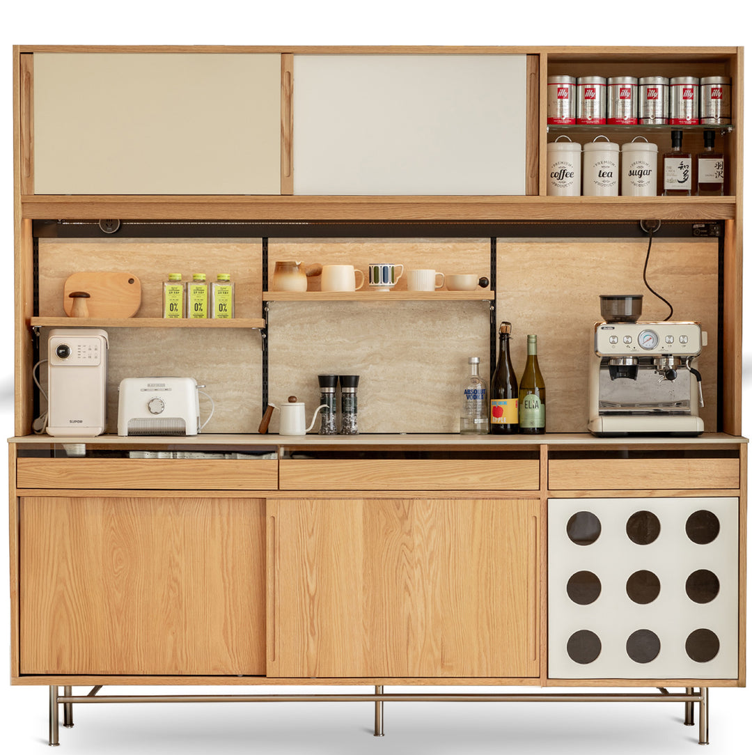 Scandinavian oak wood sintered stone storage side cabinet timeless in white background.