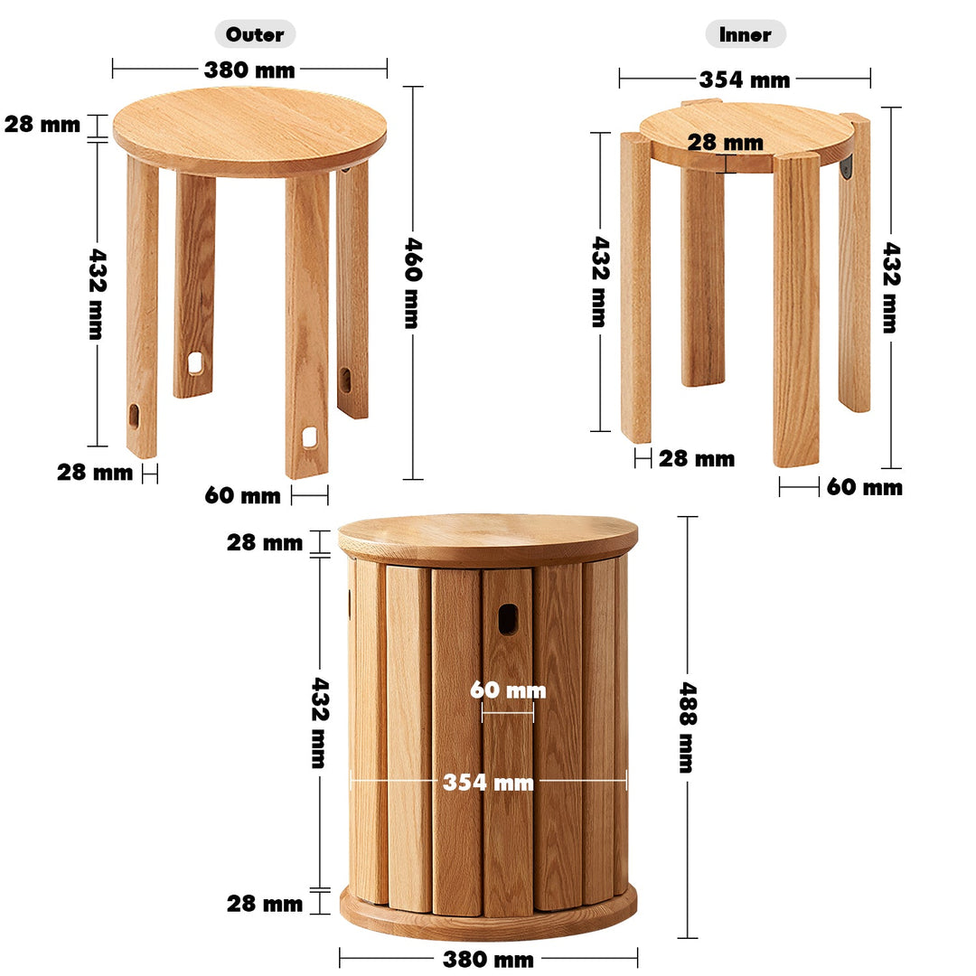 Scandinavian oak wood stackable stool harvest size charts.