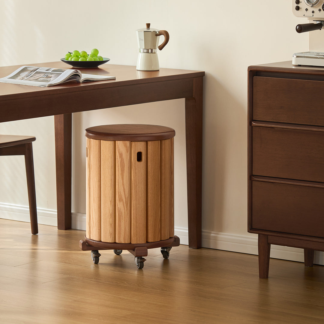 Scandinavian oak wood stackable stool with wheels friday in panoramic view.