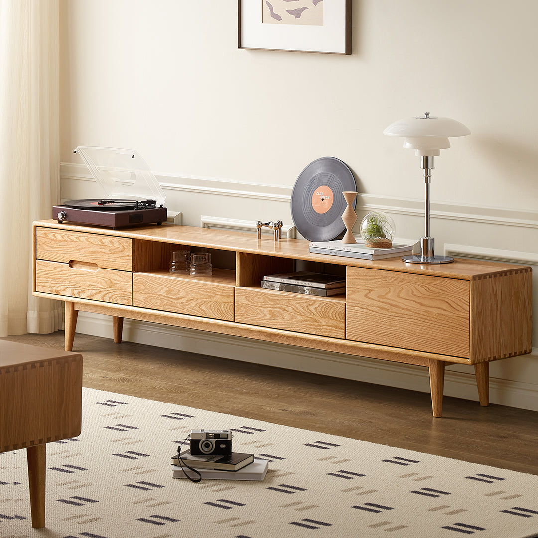 Scandinavian oak wood tv console berry primary product view.