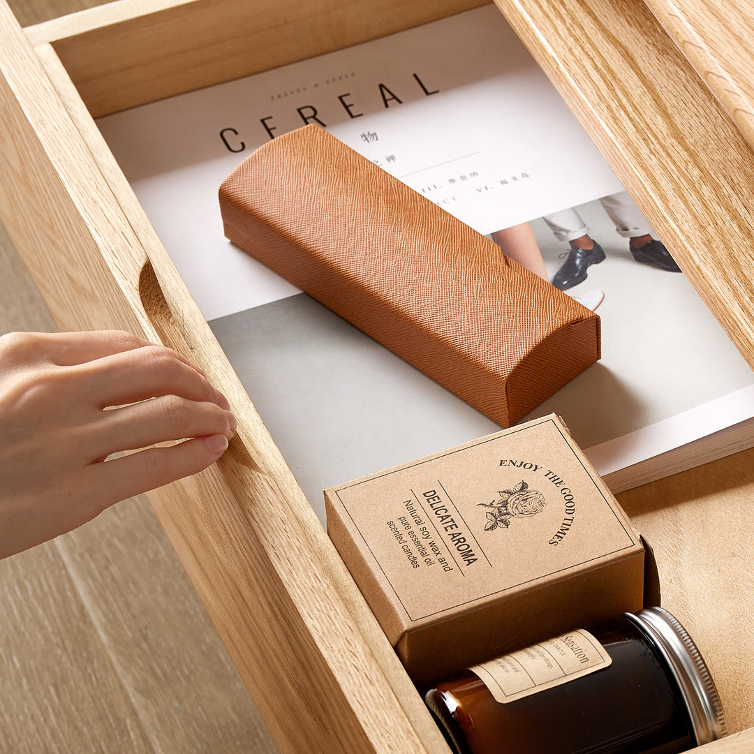 Scandinavian oak wood tv console berry in panoramic view.