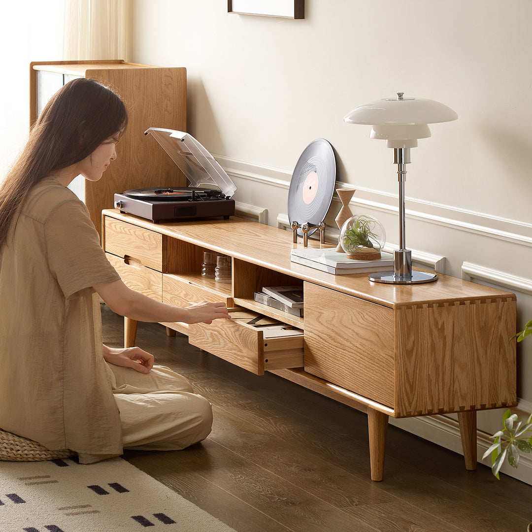 Scandinavian oak wood tv console berry color swatches.