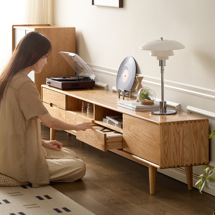 Scandinavian oak wood tv console berry color swatches.