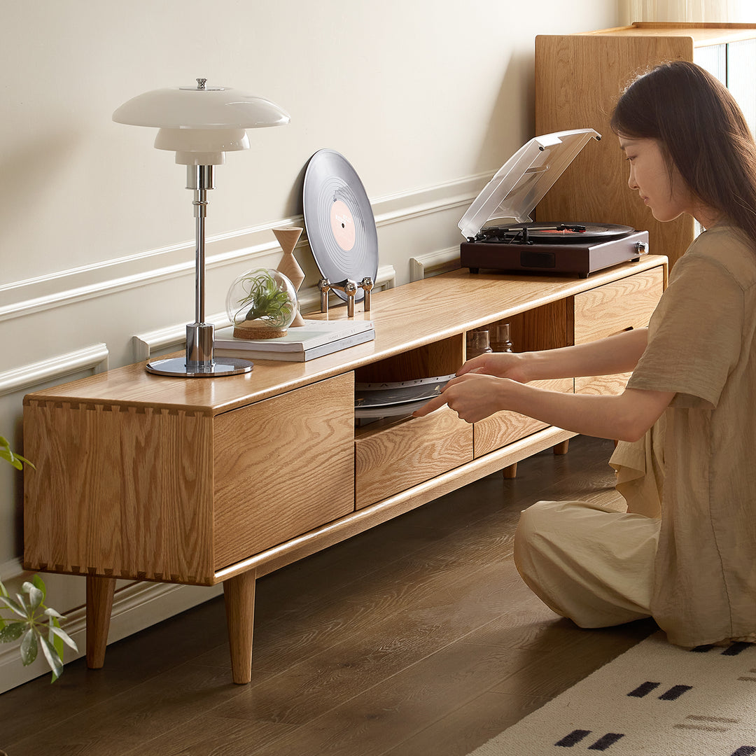 Scandinavian oak wood tv console berry material variants.