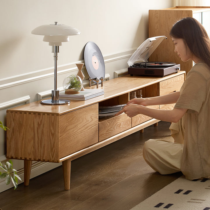 Scandinavian oak wood tv console berry material variants.