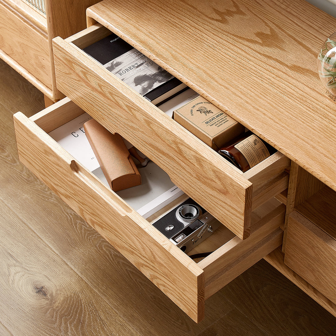 Scandinavian oak wood tv console berry with context.