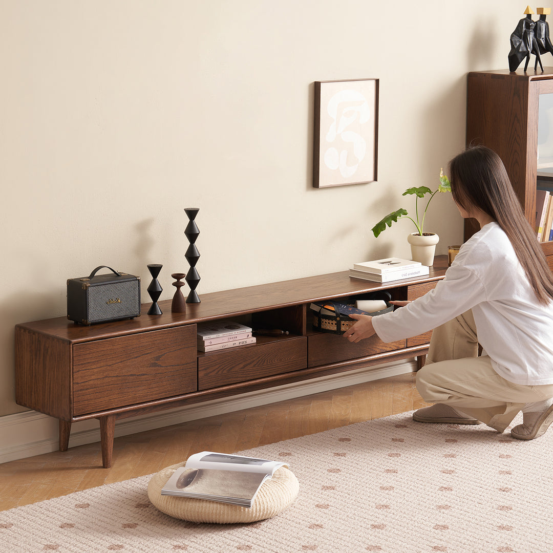 Scandinavian oak wood tv console berry walnut material variants.