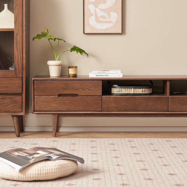 Scandinavian oak wood tv console berry walnut in real life style.