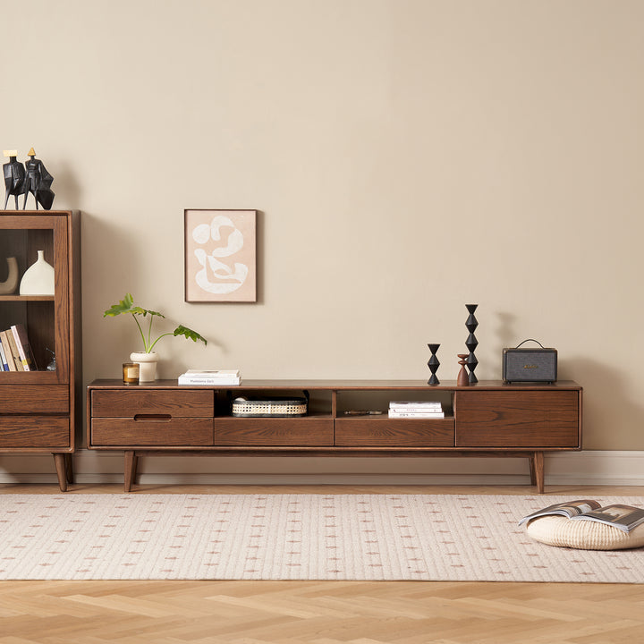 Scandinavian oak wood tv console berry walnut with context.