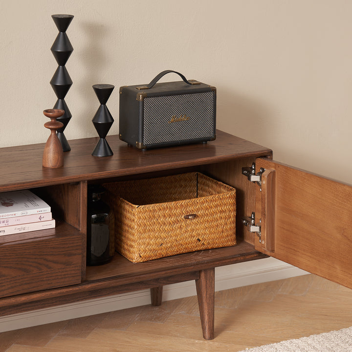 Scandinavian oak wood tv console berry walnut in details.