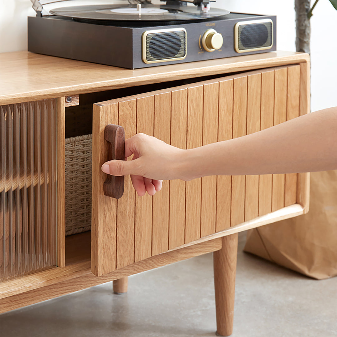 Scandinavian oak wood tv console danya in still life.