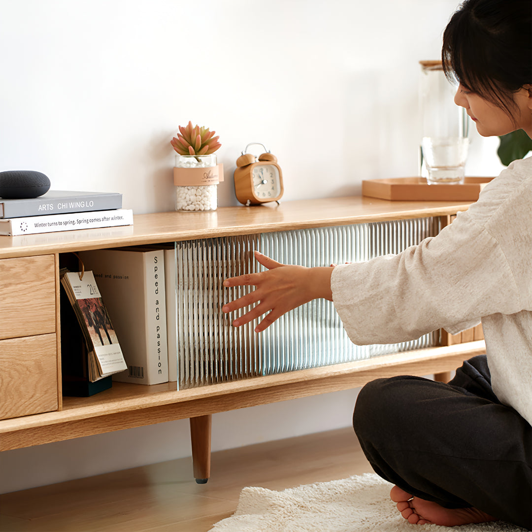 Scandinavian oak wood tv console danya in close up details.