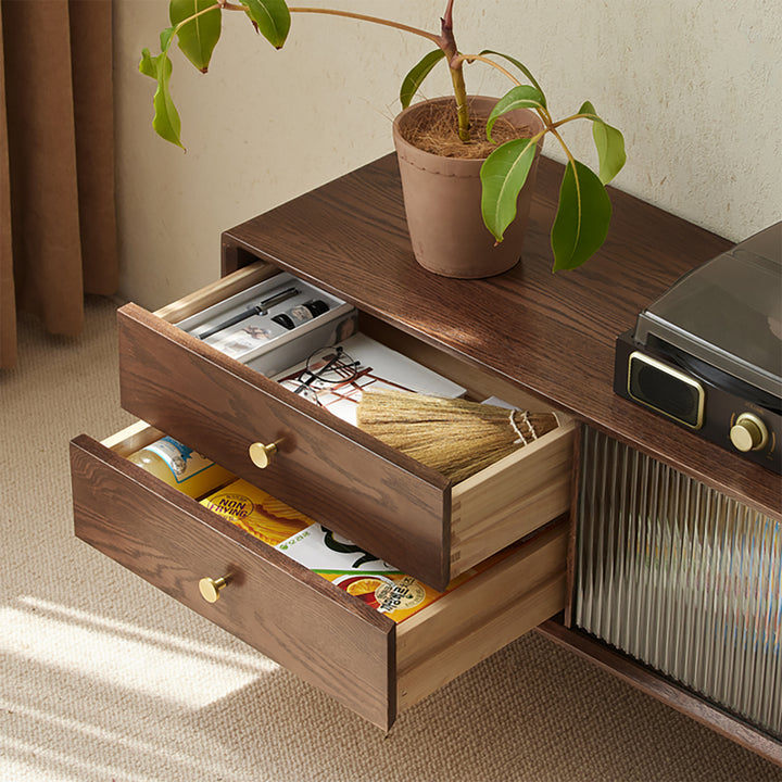 Scandinavian oak wood tv console danya walnut in panoramic view.