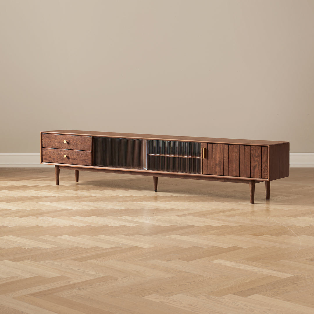 Scandinavian oak wood tv console danya walnut with context.