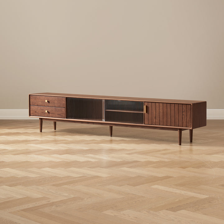 Scandinavian oak wood tv console danya walnut with context.