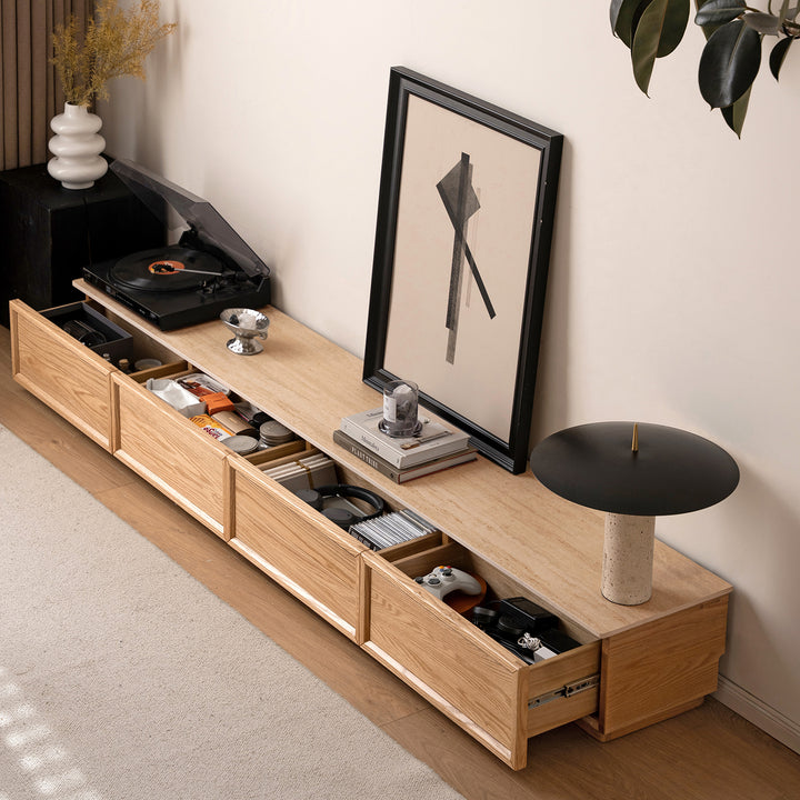 Scandinavian oak wood tv console rockwell color swatches.