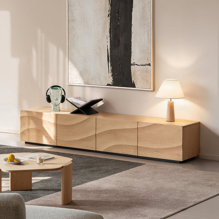 Scandinavian oak wood tv console wave in panoramic view.