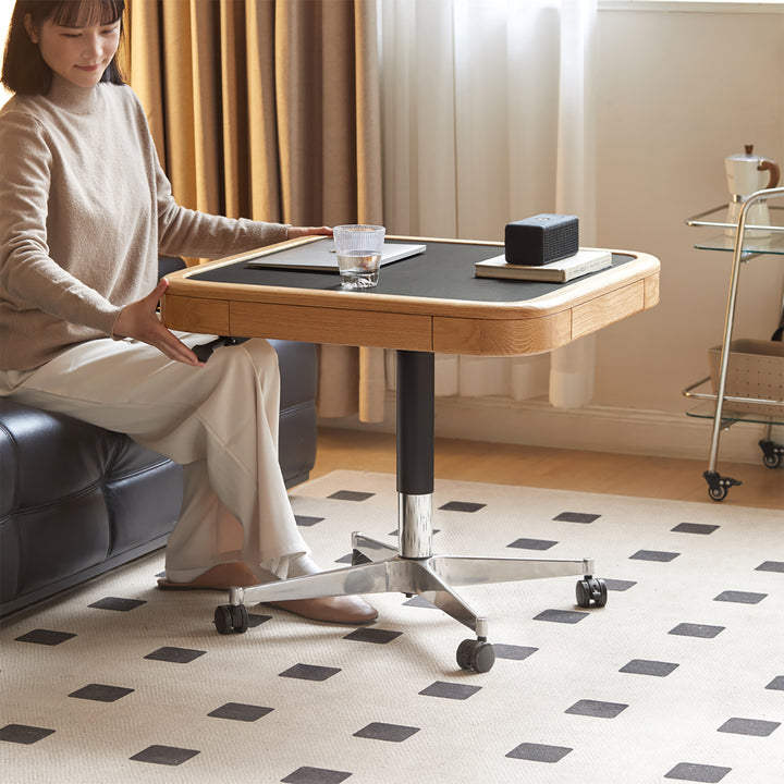 Scandinavian oak wood wheeled height adjustable gaming table coffee table drift material variants.