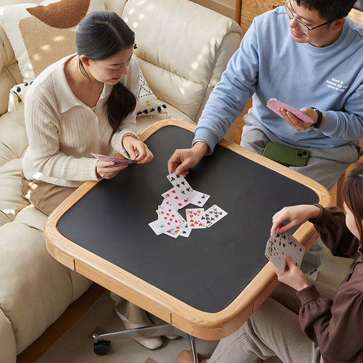 Scandinavian oak wood wheeled height adjustable gaming table coffee table drift in real life style.