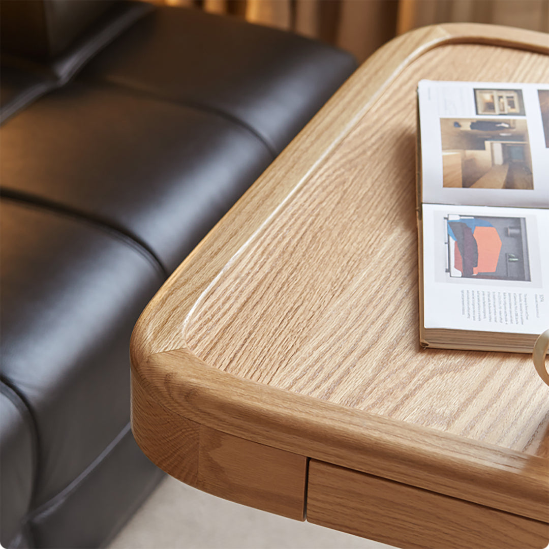 Scandinavian oak wood wheeled height adjustable gaming table coffee table drift in panoramic view.