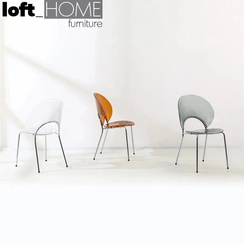 Contemporary plastic dining chair apollo clear in close up details.