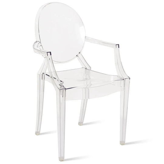 Contemporary plastic dining chair ghost lou in white background.