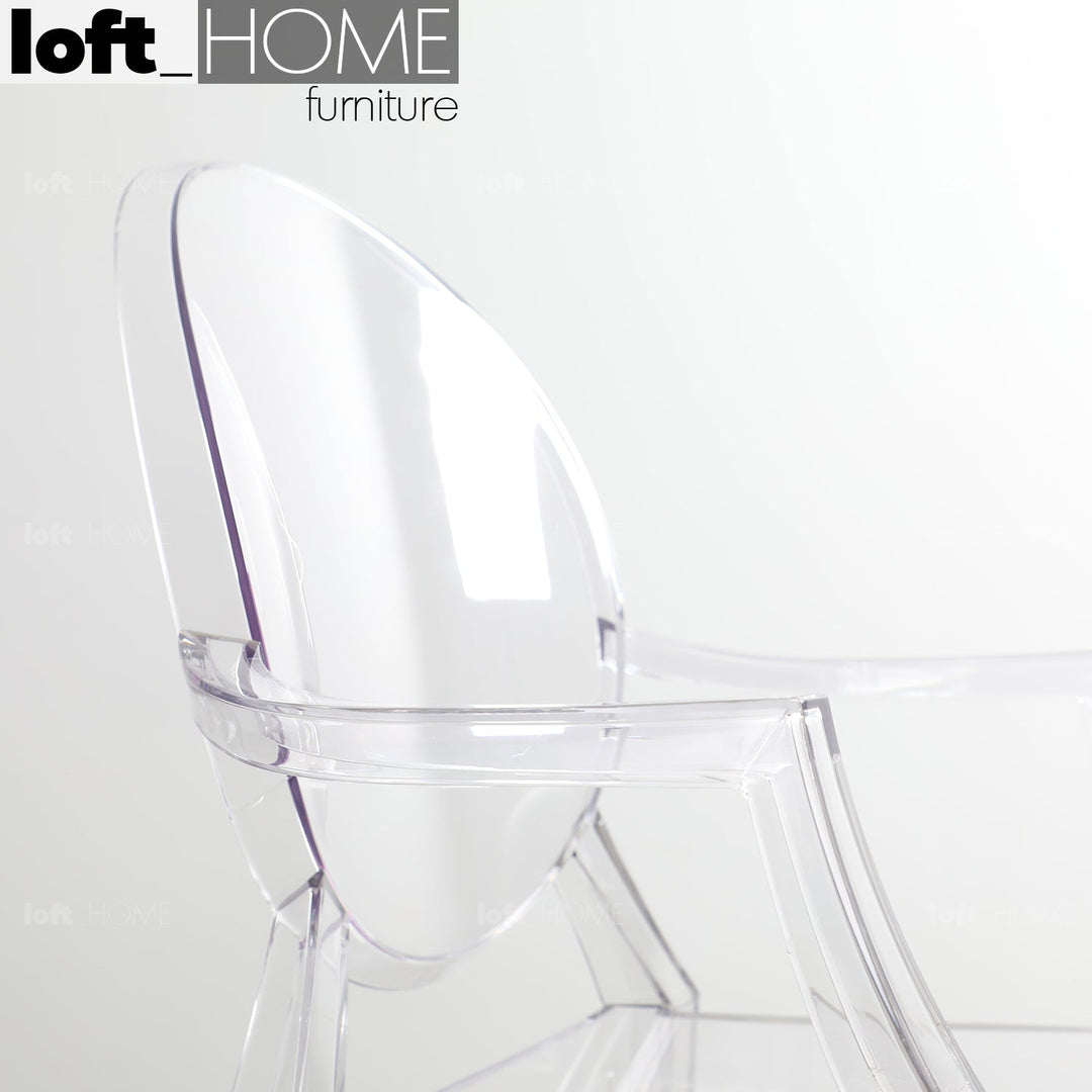 Scandinavian plastic dining chair ghost lou in close up details.