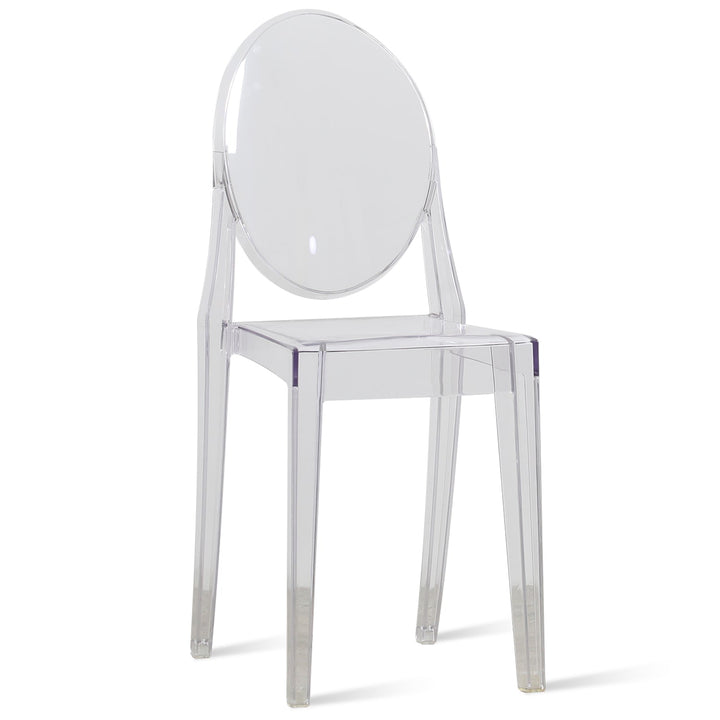 Scandinavian plastic dining chair ghost vee in white background.