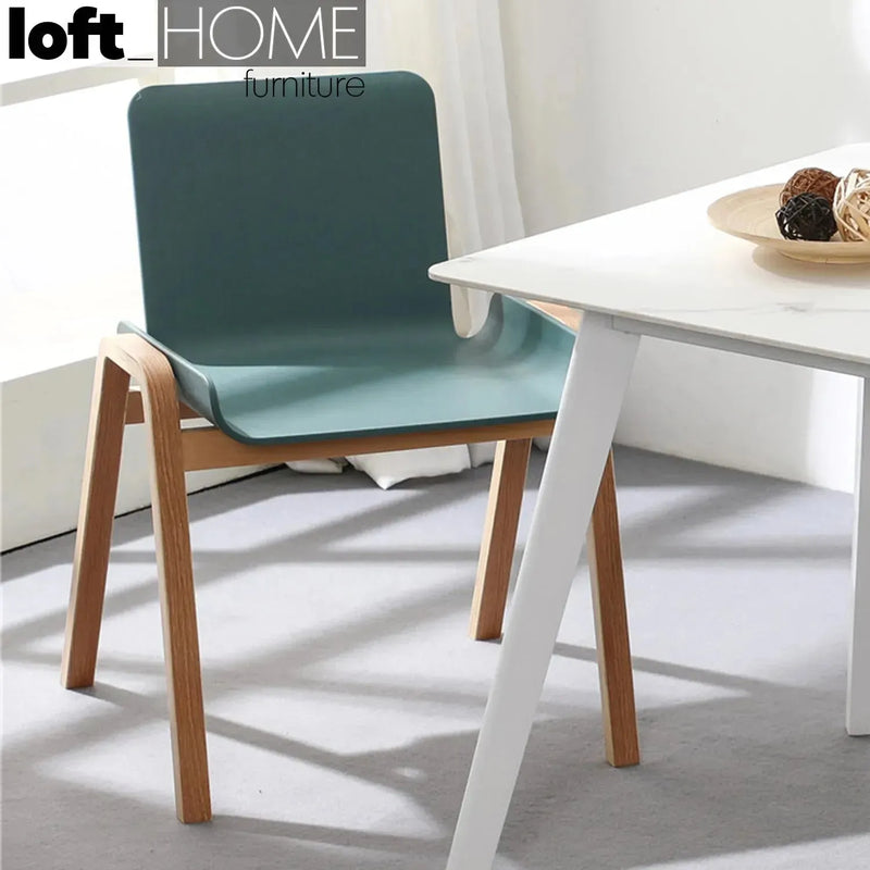 Contemporary plastic dining chair larch in panoramic view.