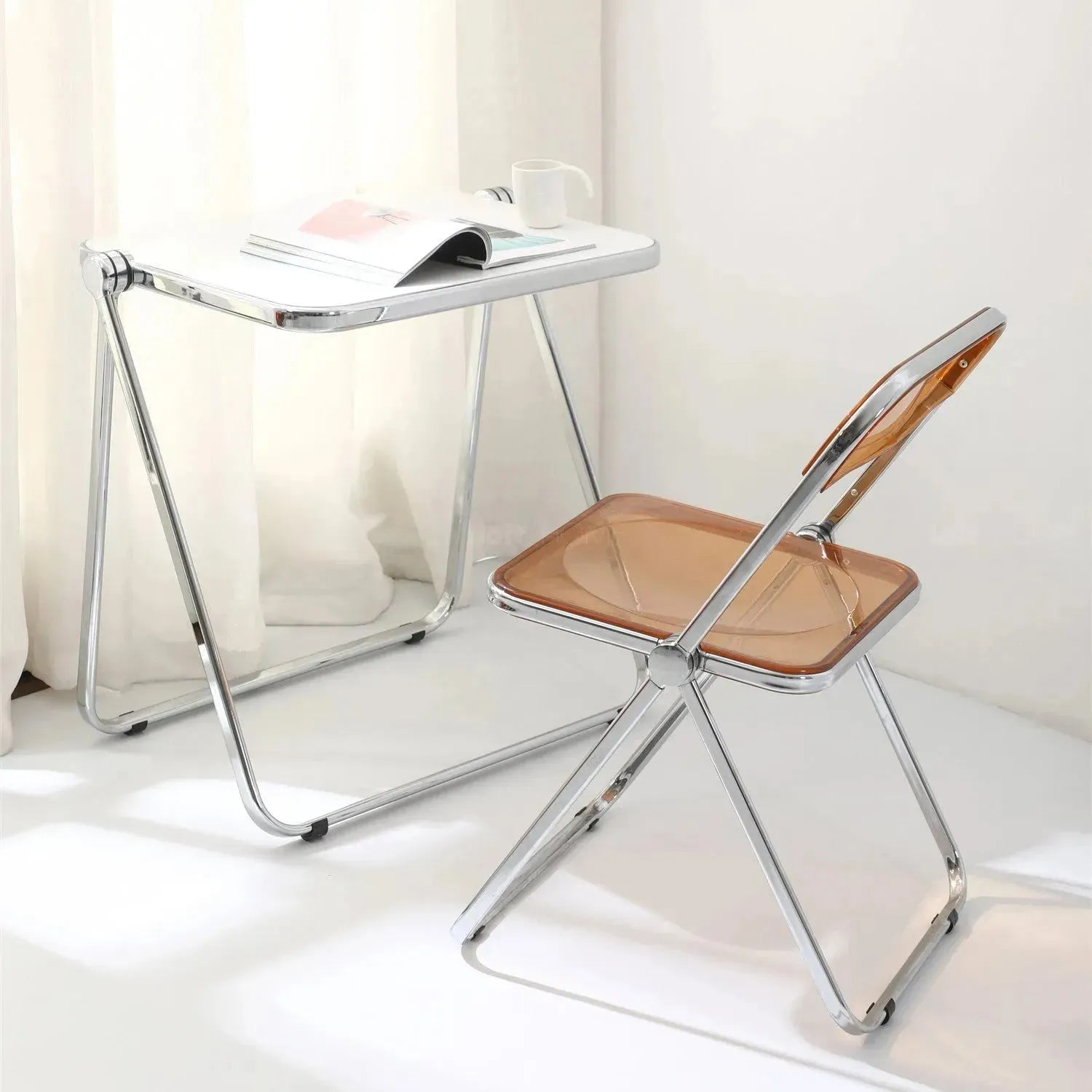 Contemporary plastic foldable study table fikas in panoramic view.