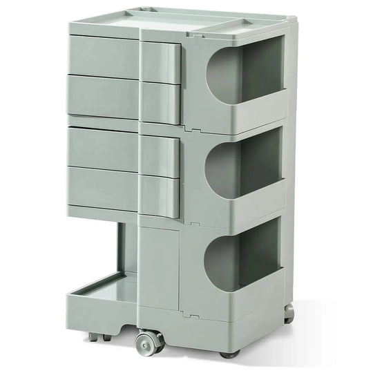 Contemporary plastic wheeled trolley side table boby large in white background.