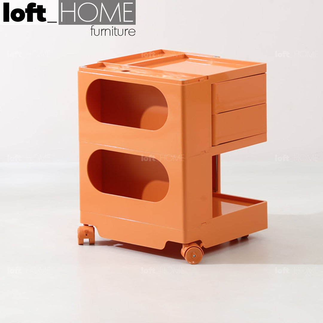 Scandinavian plastic wheeled trolley side table boby small with context.