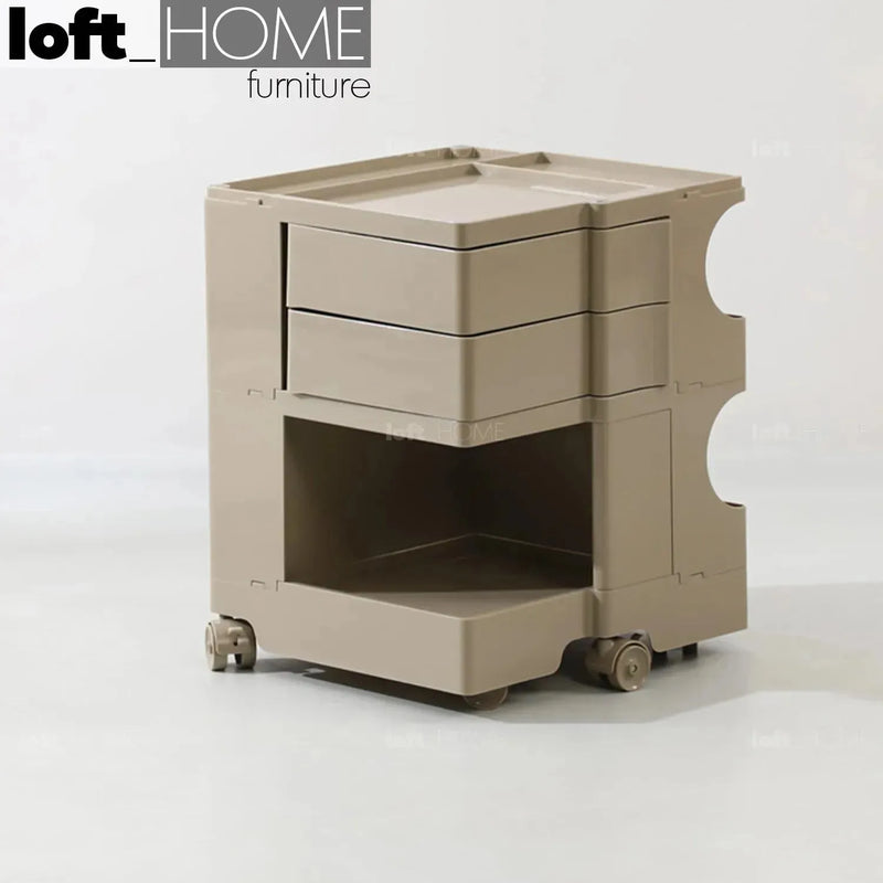Contemporary plastic wheeled trolley side table boby small in details.