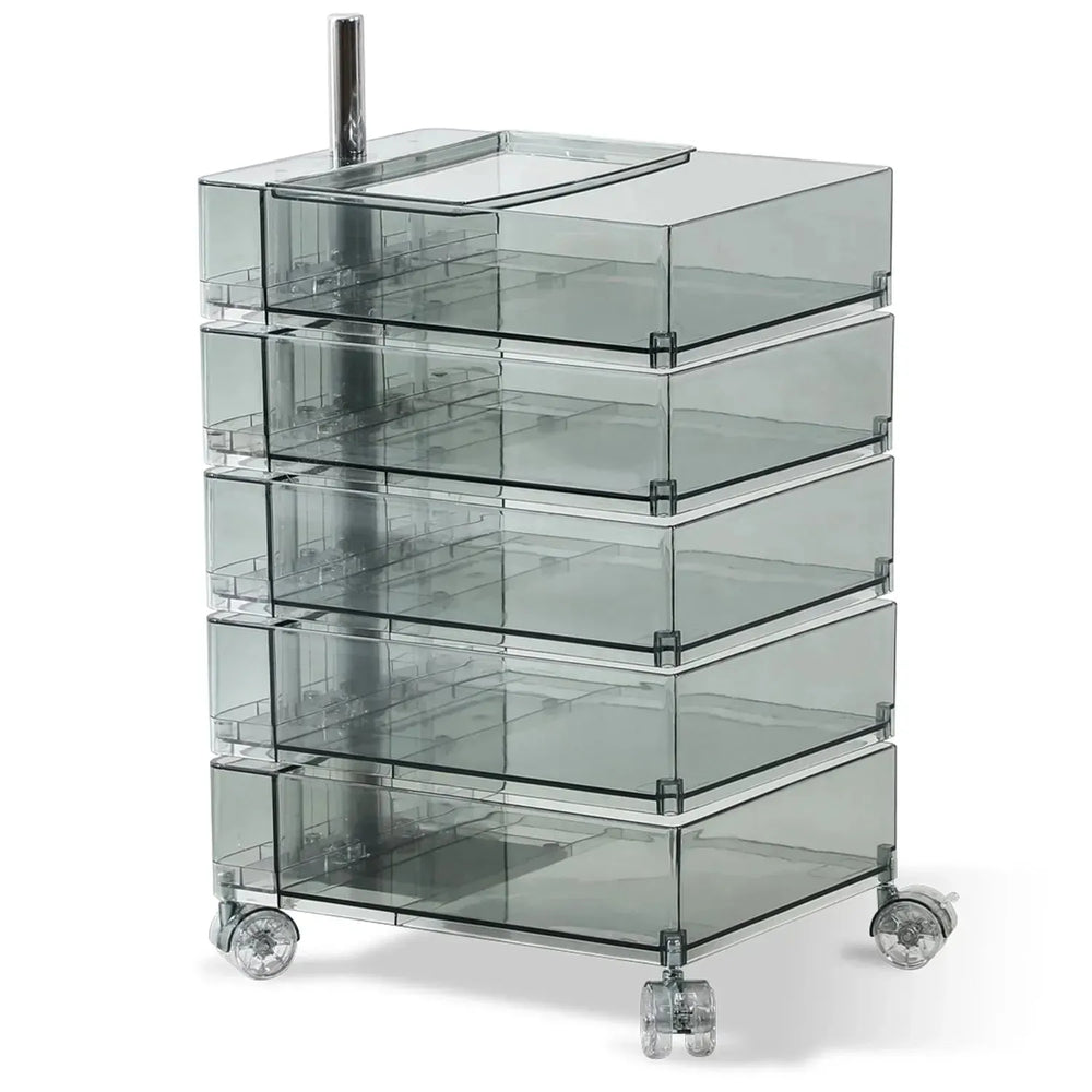 Modern plastic wheeled trolley side table rolly clear in white background.