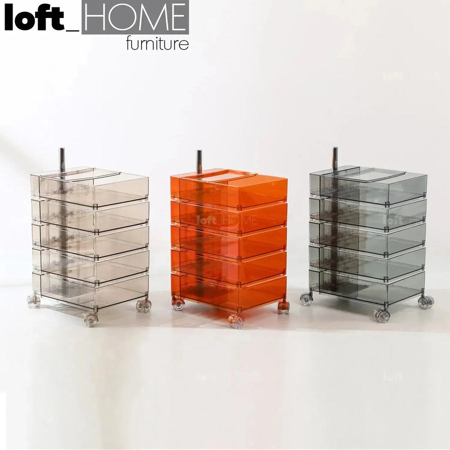 Modern plastic wheeled trolley side table rolly clear primary product view.