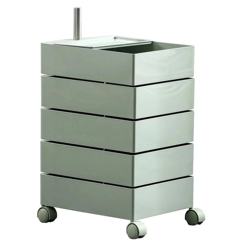 Modern plastic wheeled trolley side table rolly in white background.