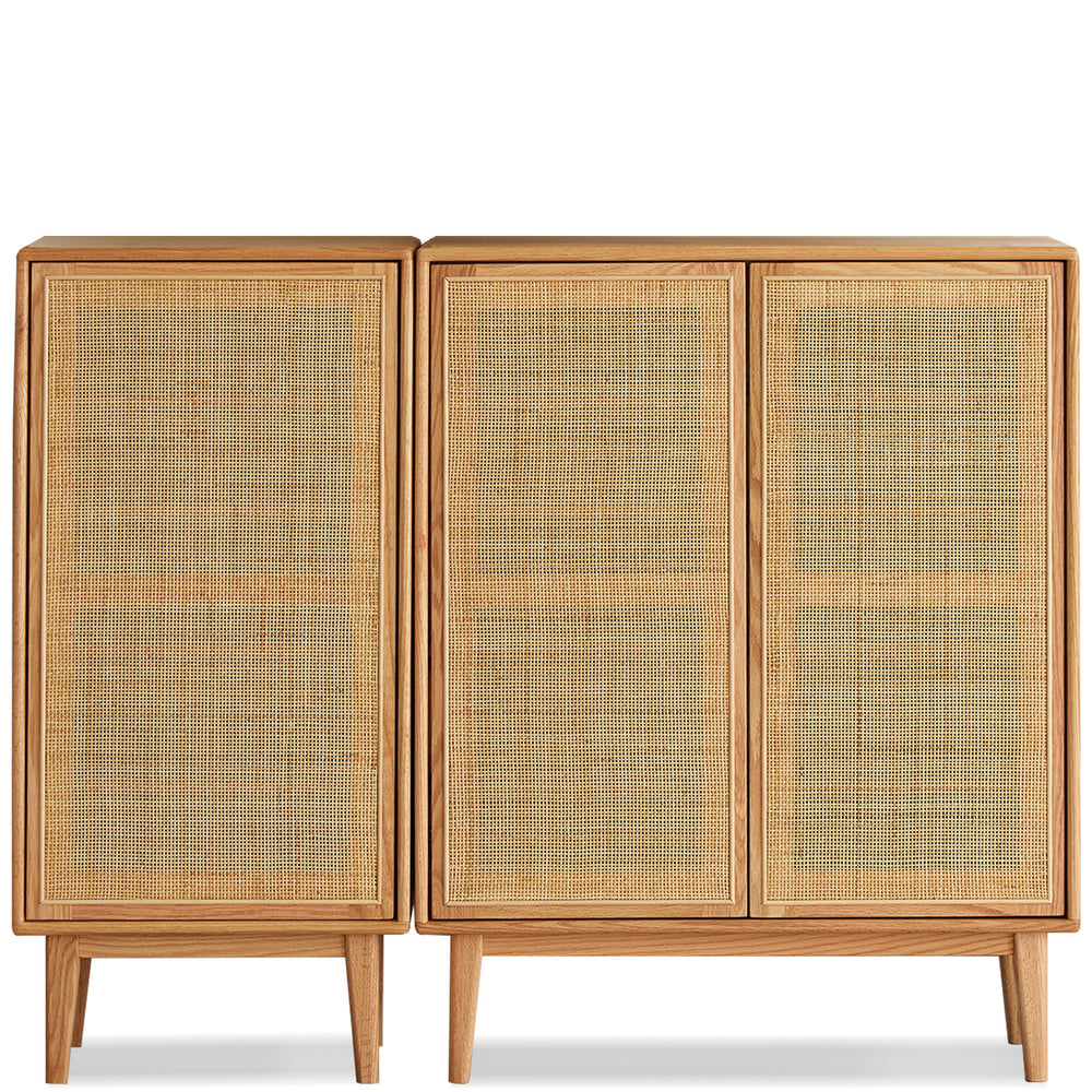 Scandinavian rattan oak wood shoe cabinet beri in white background.
