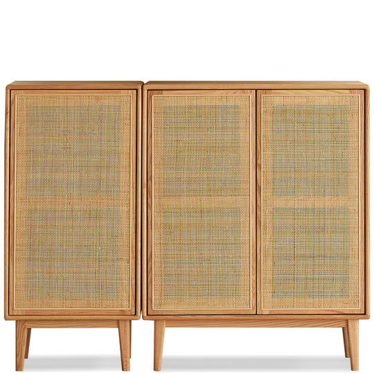 Scandinavian rattan oak wood shoe cabinet beri in white background.