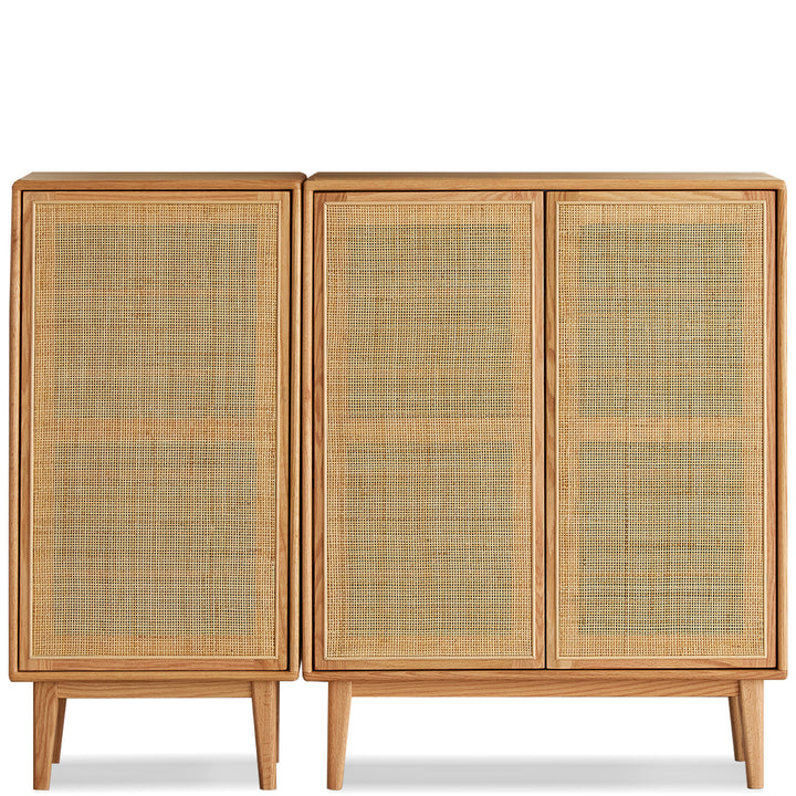 Scandinavian rattan oak wood shoe cabinet beri in white background.